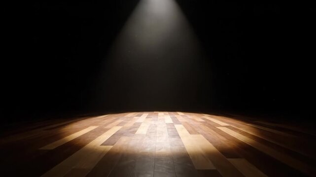 Spotlight shining on dark wooden floor, light beam in dark space
