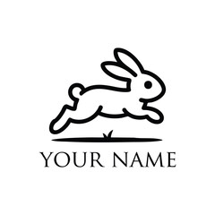 Simple Line Art Running Rabbit Logo, Outline of Jumping Bunny Icon, Monoline Rabbit Graphic with Name Placeholder