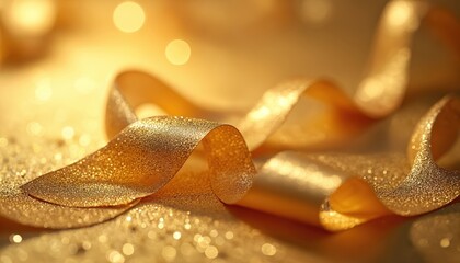 Sparkling gold ribbon texture with soft bokeh lights, suggesting luxury, celebration, and gift wrapping. Ideal for holidays, events, and premium brands.