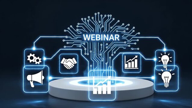 Webinar concept on a futuristic digital circuit board with business, marketing, and innovation icons