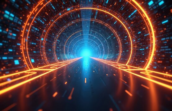 Futuristic tunnel with orange, blue neon lights. Glowing blue center. Digital transformation. High tech. Virtual reality. Cyber space. Modern technology. Next gen tech era. Innovative digital world.