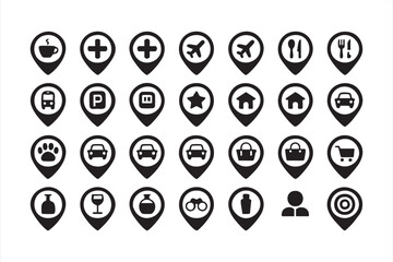 Black and white map marker set with shopping, dining, transit, and home symbols