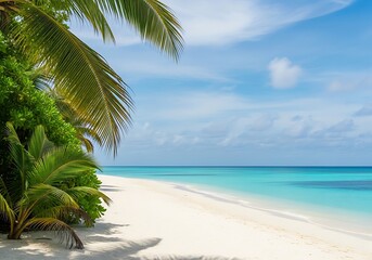 Obraz premium Idyllic tropical paradise scene featuring white sand, palm trees, and clear turquoise ocean water