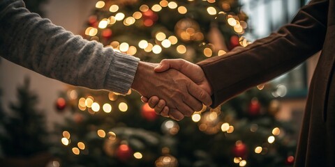 Two people sharing a warm handshake in front of a beautifully decorated christmas tree symbolizing connection and holiday cheer during the festive season