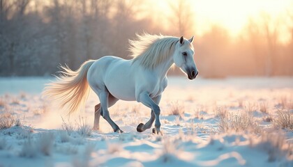 Obraz premium Majestic white horse trots across snowy field at sunrise. Its mane and tail flow with motion in the crisp winter air. Soft, warm light illuminates the scene creating a magical atmosphere.