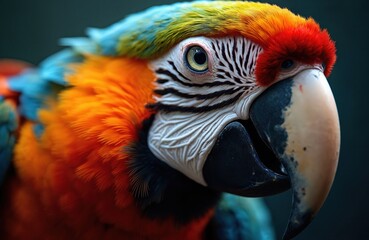 Fototapeta premium Close up of vibrant blue and yellow macaw parrot bird showing colorful feathers and sharp beak. This tropical wild animal gaze. Exotic creature portrait.