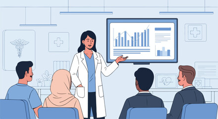 A diverse group of adults sitting and listening to a presentation by a woman in a white lab coat showing a bar graph on a screen in a light blue medical office setting.