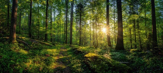 Fototapeta premium Lush, green forest scene with sunlight beaming through trees, creating a bright, natural landscape