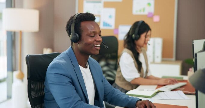 Customer service, agent and man with headset, coworking and humor for joke, communication and offer. Laughing, consultant and people with mic for discussion, problem solving or inquiry in call center