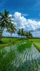 Obraz premium Lush rice paddies reflect the sky, framed by palm trees. Green fields under blue sky