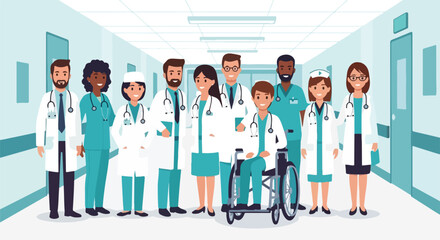 Illustration of diverse medical team standing together in a hospital corridor with a patient in a wheelchair, conveying a sense of unity and care with a predominantly blue color palette.