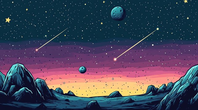A pixel art depiction of a vibrant alien landscape under a starry sky with shooting stars and distant planets.