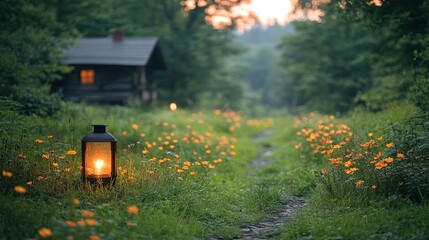 A rustic cabin nestled in a lush forest, with a lantern illuminating a path lined with vibrant orange wildflowers at dusk.