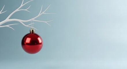 A single shiny red christmas ornament hangs from a bare white branch against a soft blue background