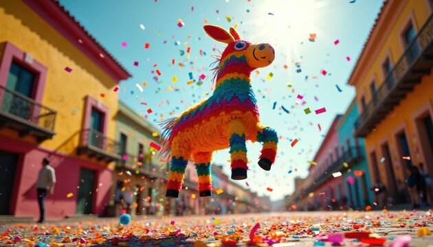 Bright pinata donkey floats among confetti on street. Traditional Mexican buildings stand. Celebration concept for festivals parties. Pinata colorful. People walk on holiday festive event. Cinco de