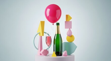 Festive champagne bottle and glass with balloons and abstract geometric shapes celebration