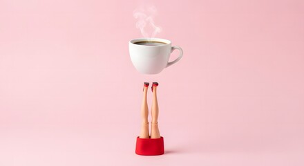 Creative surreal image of coffee cup floating above woman s legs wearing high heels