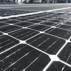 Up close shot of solar panel cells, reflecting sunlight for clean energy use.