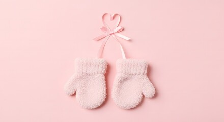 Cozy soft white baby mittens hanging with a pink bow on a pastel pink background