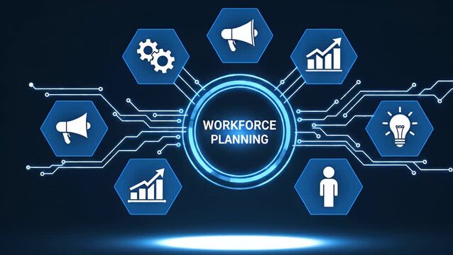Workforce planning concept with business icons on a digital screen
