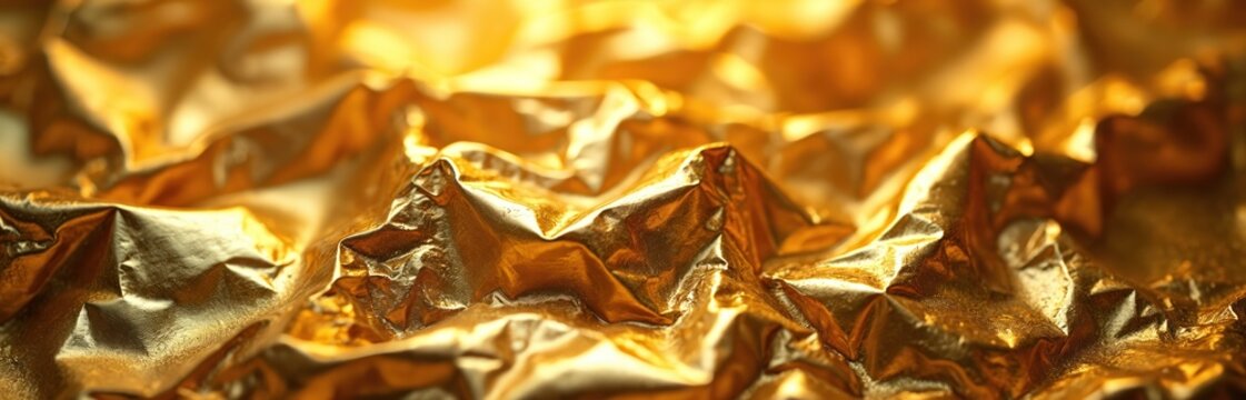 Gold foil texture abstract background. Shiny crumpled paper with wrinkles, creases. Yellow metallic luxury backdrop shimmering light. Rich elegant material for festive design, decoration, wallpaper. - Powered by Adobe