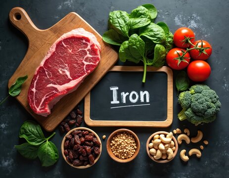 Beef steak, spinach, tomatoes, broccoli, raisins, soy beans, cashews displayed together. Some foods are rich in iron element for healthy diet and strong body.