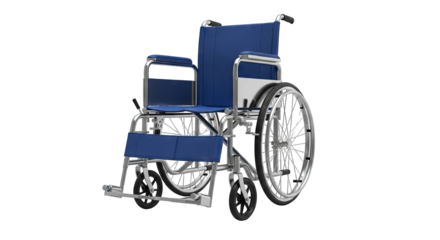 Front View of a Blue Wheelchair with Silver Metal Frame and Black Wheels on a Transparent Background