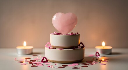 Romantic two tier cake with pink heart balloon and candles for valentines day celebration