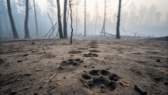 Forest fire and air toxicity concept. Footprints in ashen ground amid charred trees in a foggy, desolate landscape.