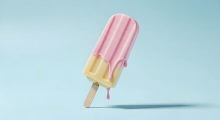 Melting strawberry and vanilla ice cream bar on a stick against a light blue background