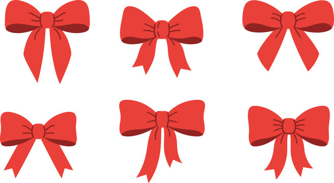 Red bows collection, decorative ribbon styles, symmetrical knot and tails, festive gift wrap elements, flat vector illustration
