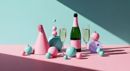 Festive easter celebration with champagne bottles and pastel colored eggs and decorations