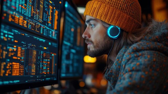 Focused individual analyzes data on multiple screens in a modern workspace during evening hours
