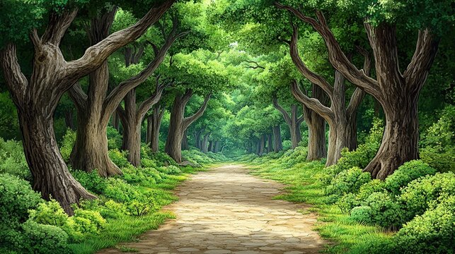 A Serene Woodland Path Bathed in Soft Sunlight with Lush Greenery