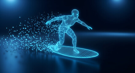 Futuristic surfer riding a digital wave of light particles in a dark, futuristic environment
