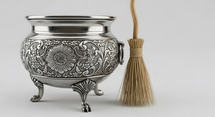 Ornate antique silver cauldron with a rustic straw broom on a plain background