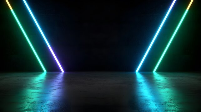 The image shows a dark concrete room with reflective flooring illuminated by two glowing neon light bars in green, blue, and purple that angled inward toward the black background - Powered by Adobe