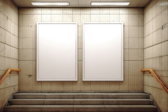 Two blank billboard posters on light beige tiled walls inside a stairway - Powered by Adobe