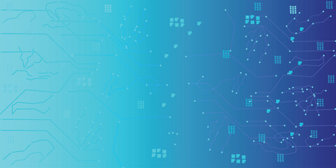 Glowing light blue neon AI chip with thin circuit contact lines. Technology lines circuit and dots on blue background