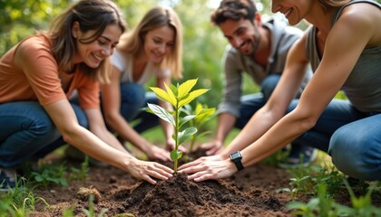 Diverse group of happy people plant small tree together in sunny garden. Friends collaborate caring for new life, nurture earth, promote eco friendly growth for future.
