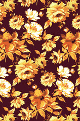 A solid vector textile design, arrangement with a medium monochrome abstract rose flowers, all-over seamless pattern with yellow and orange tone color illustration, digital image printing factory