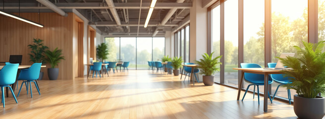Modern office interior with large windows and stylish furniture. Bright spacious open plan office space. Wood tables and blue chairs create comfortable workspace.
