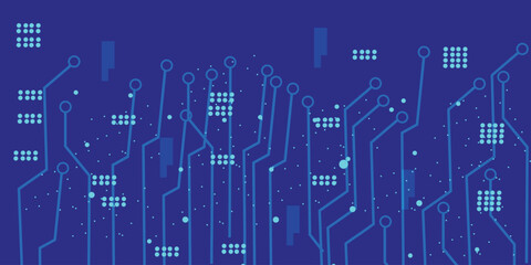 Glowing light blue neon AI chip with thin circuit contact lines. Technology lines circuit and dots on blue background