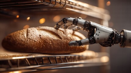 Robot arm carefully retrieves freshly baked bread from a bakery shelf in a modern kitchen setting