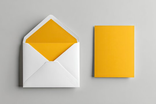 Flat lay of white envelope with yellow lining and a matching yellow card