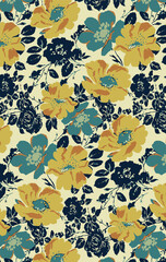 Abstract solid vector textile design, arrangement with dual-color big hibiscus silhouette flowers, all-over seamless pattern with Tosca and yellow tone color illustration, digital image prints