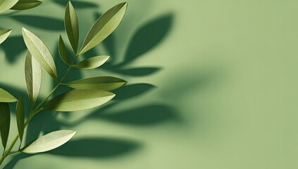 Green leaves with shadows on a light green background. Nature and freshness