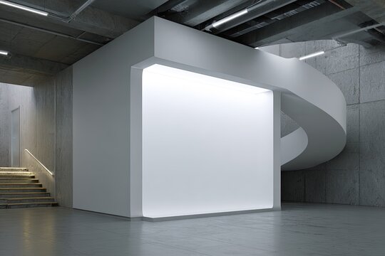 Modern concrete interior with blank wall and spiral staircase