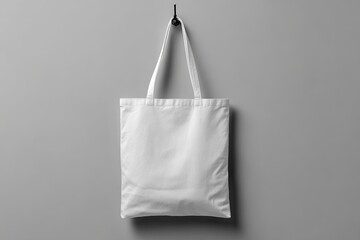 Plain white tote bag hanging from a hook on a gray wall