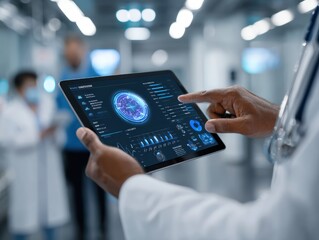 Doctor consulting patient with transparent tablet displaying health summary prepared by agentic artificial intelligence. Medical efficiency. Advanced healthcare technology and AI patient care.